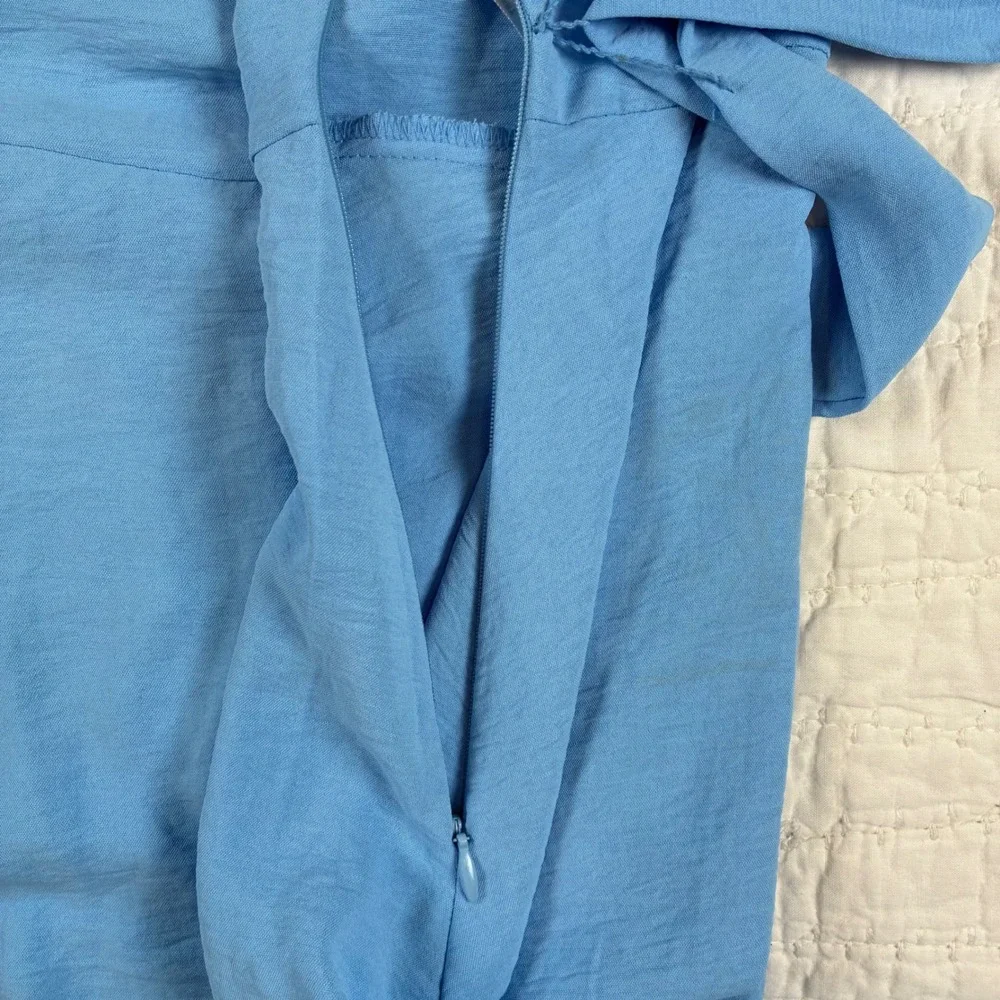 NEW DKNY Midi Dress 16 Blue Short Sleeve Belt V-Neck Collar Preppy Cottage Flowy